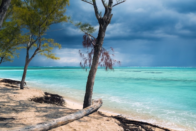 Le Morne beach on the island of Mauritius in the Indian Ocean before a thunderstorm