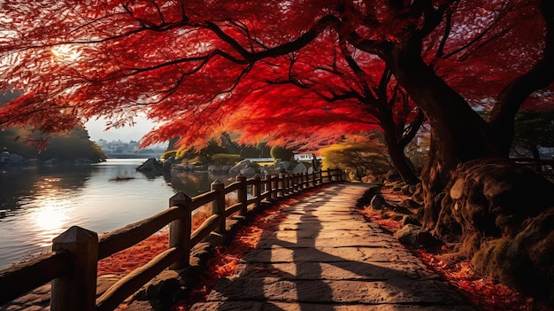 Foto lea vista sentiero alberi corpo profondo antico giapponese rosso fuoco sbalorditivo ottobre stupore che ispira mosaici