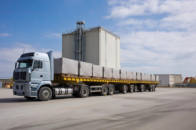 Lead ingot being transported by truck with view of the lead plant in the background