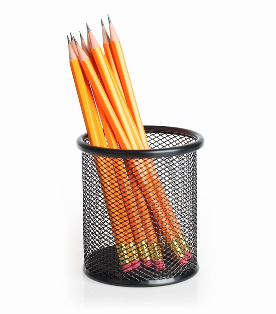 Lead pencils in metal mesh cup on a white backgroundxA