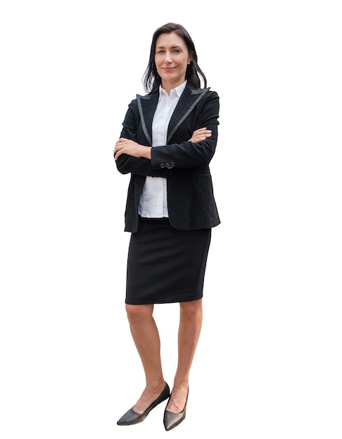 白い背景の上の黒いスーツ立っているクロスアームを身に着けているリーダービジネス女性