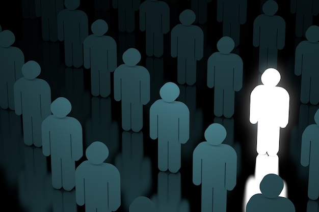 Leader Concept. One Glow Man Person in Crowd of Plain People extreme closeup. 3d Rendering