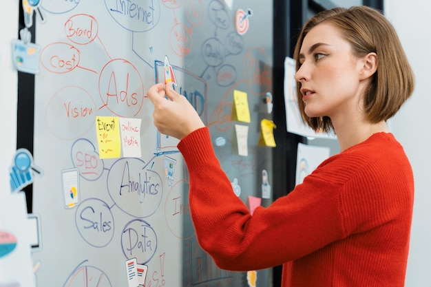 Leader sticks sticky notes on white board during business meeting Immaculate