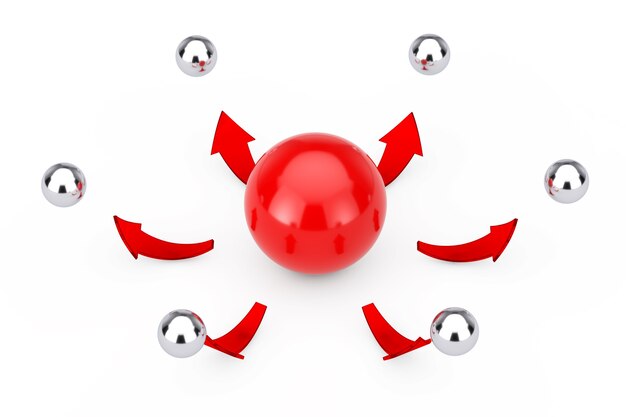 Leader and Teamwork Concept. Red Arrows direct from Red Sphere Ball to Many Chrome Sphere Balls on a white background. 3d Rendering