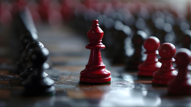 Leadership concept Red figure of chess standing out from the crowd of pawns