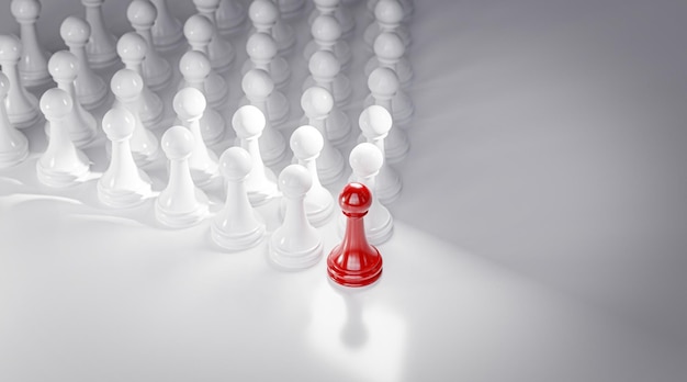 Leadership concept red pawn chess leading white pawn formation\
3d render