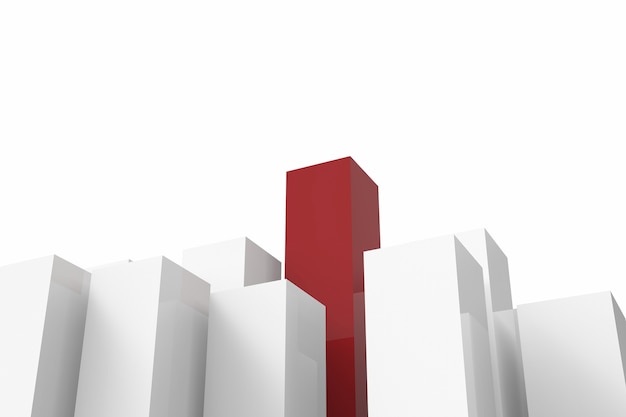 Концепция лидерства с 3d-рендерингом красно-белых зданий на белом фоне