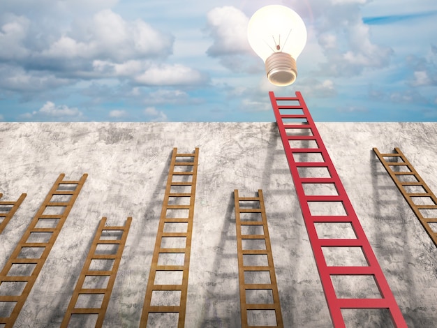 Leadership concept with 3d rendering red ladder with shining light bulb