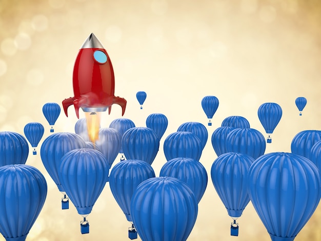 Leadership concept with 3d rendering red rocket above blue hot air balloons