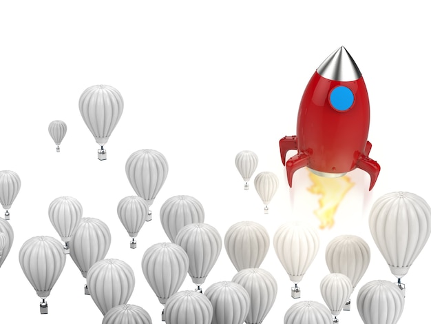 Leadership concept with 3d rendering red rocket above blue hot air balloons