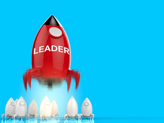 3Dレンダリングロケットの打ち上げによるリーダーシップの概念