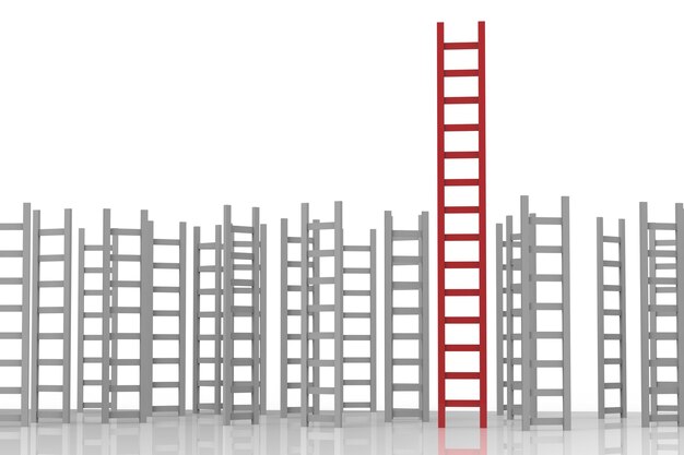 Leadership concept with red ladder among grey ladders