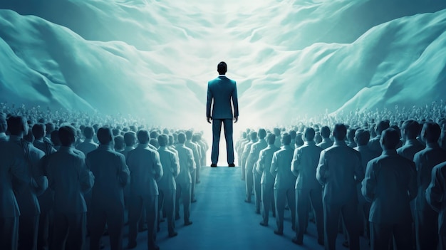 Leadership conceptual image a true born leader standing in front of the cheering crowd white and blue beautiful Generative AI AIG32