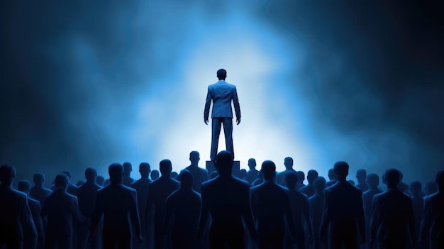 Leadership conceptual image a true born leader standing in front of the cheering crowd white and blue beautiful Generative AI AIG32