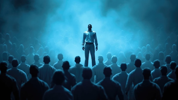 흰색과 파란색의 아름다운 Generative AI AIG32 환호하는 군중 앞에 서 있는 진정한 타고난 리더의 리더십 개념적 이미지