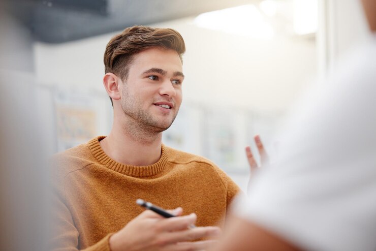 Photo leadership mentor or student man presenter in workshop for education learning or teaching in classroom collaboration training or teamwork at school college or university library for research