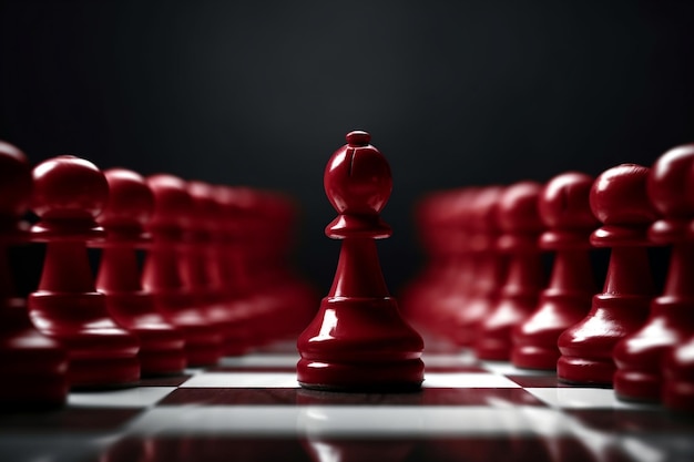 暗い背景で一列の白いピオンとチェスボードでリードする赤いピオン