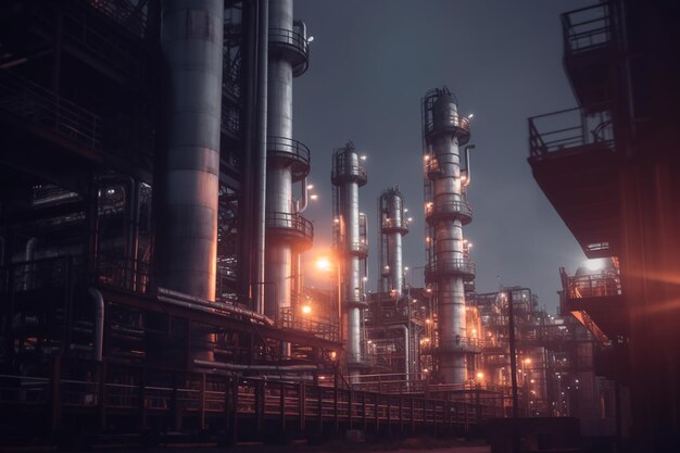 Leading lines with pipelines and a pipe rack of an oil industry plant ai generative