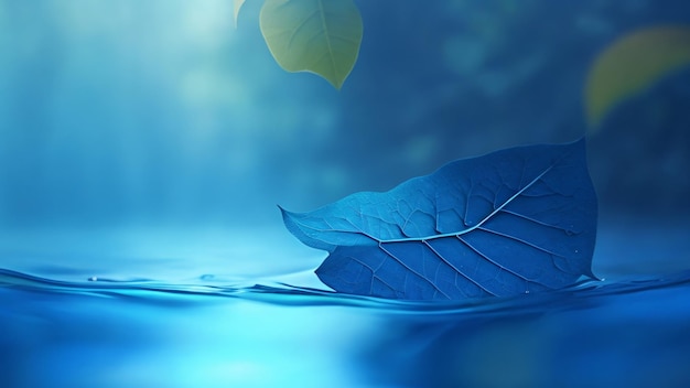 青色の背景の静けさの概念の葉