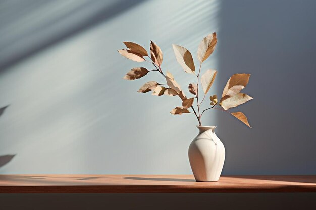 Leaf branch in vase with shadow with copy space