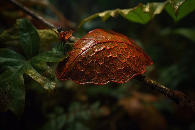 A leaf bug with a red leaf on it