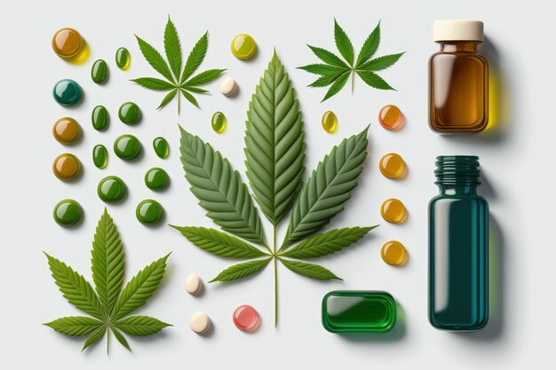 Leaf capsules and CBD oil all forms of medical cannabis isolated on white