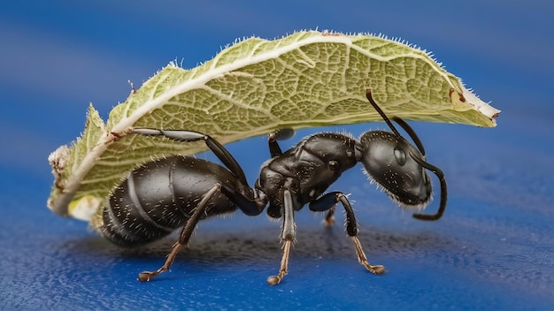 Leaf cutter ant acromyrmex octospinosus carrying plant on blue isolated