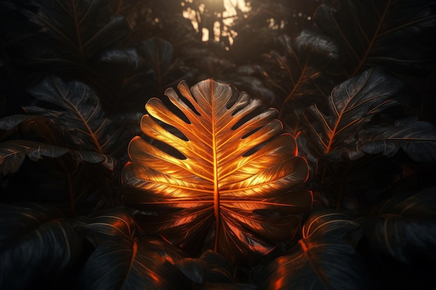 A leaf in the dark with the sun shining on it