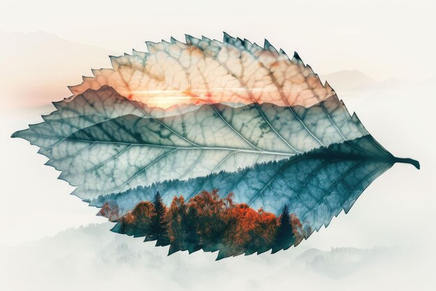 Photo leaf double exposure with beautiful nature background aigx