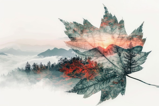 Photo leaf double exposure with beautiful nature background aigx