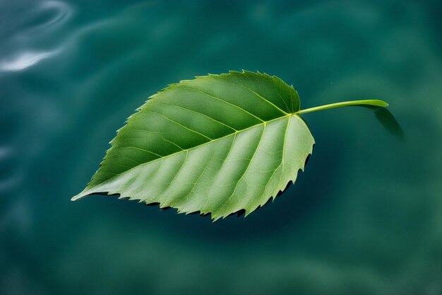 Photo a leaf floating in the water with a green leaf