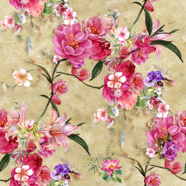 Foglia e fiori acquerello seamless pattern