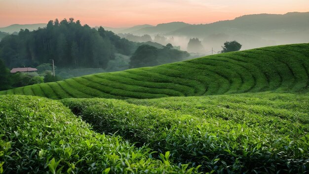 Leaf green tea in the farm in the morning