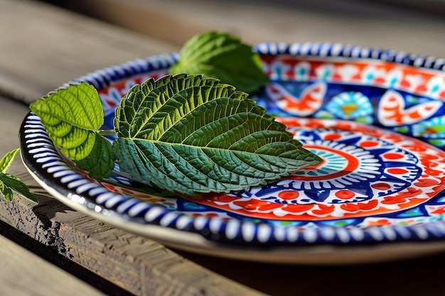 Photo a leaf on a hand painted ceramic plate