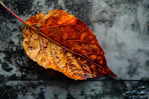 Photo a leaf is laying on a stone surface