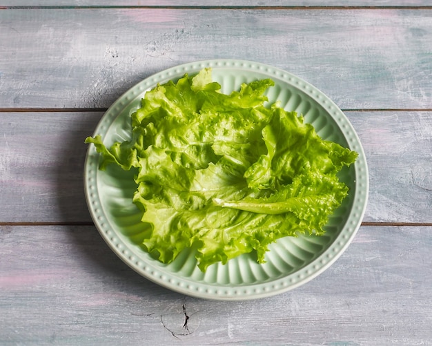 Leaf lettuce on a ceramic light green plate for preparing food laying out on a wooden table