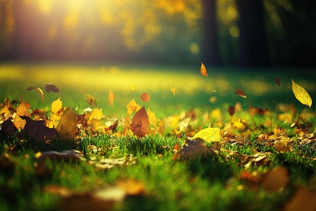 leaf litter on a park grass in autumn Contextual natural fall foliage