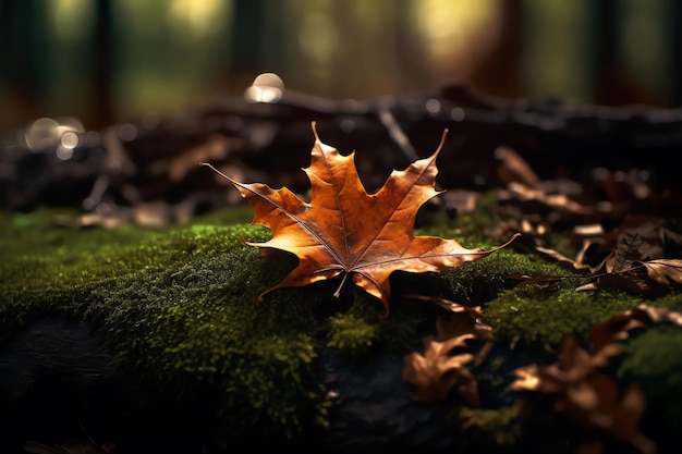 A leaf on a mossy log with a green moss in the background