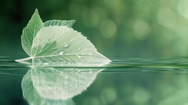 사진 반사 표면에 있는 잎은 초록색 배경에 매혹적인 반사를 던집니다.