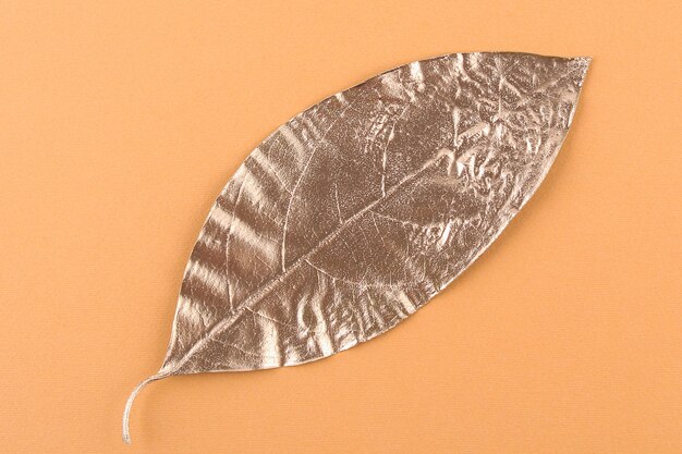 Leaf painted in gold on an orange table