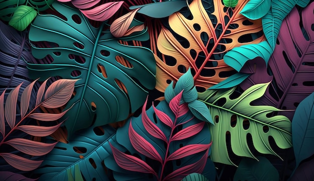 Leaf pattern design tropical rainforest Use bold vibrant colors Generative AI