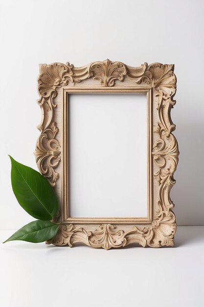 Leaf and picture frame on white background