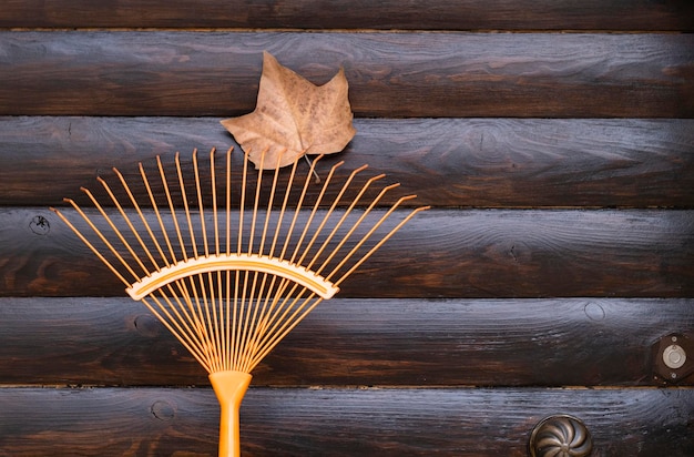 A leaf rake stands near a brown wooden door with a dry autumn leaf on it