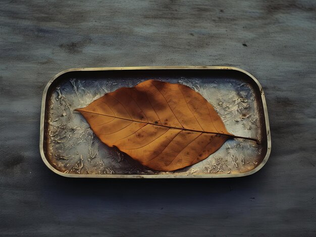 Photo leaf resting on a brown metal plate in the style of transcendental surrealism