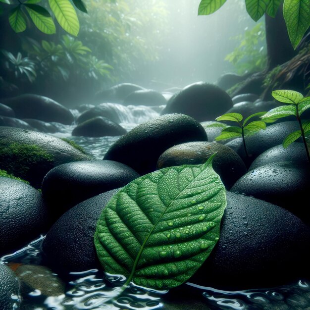 leaf on the rock and river background