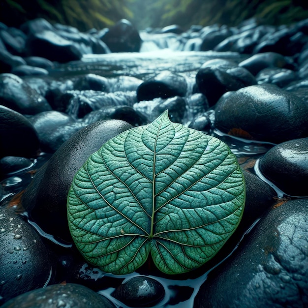 leaf on the rock and river background