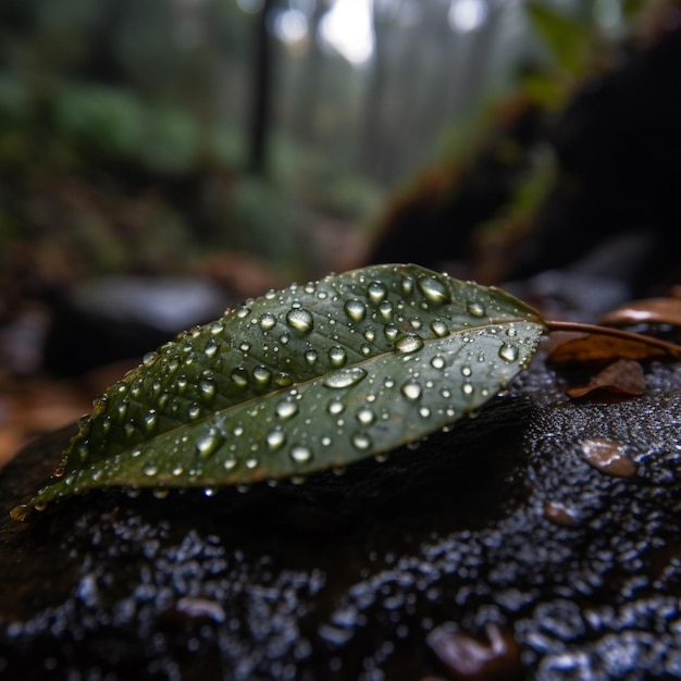 A leaf on a rock with raindrops on it