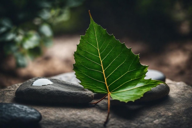 Photo a leaf on a rock with a stone in the background