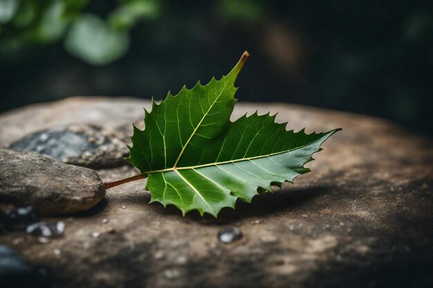 Photo a leaf on a rock with water drops on it