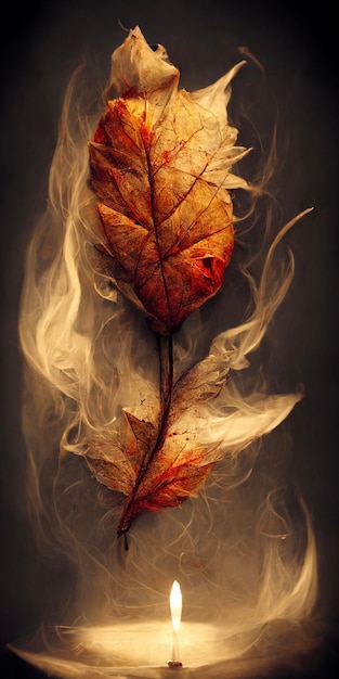 Leaf sitting on top of a table next to a lit candle